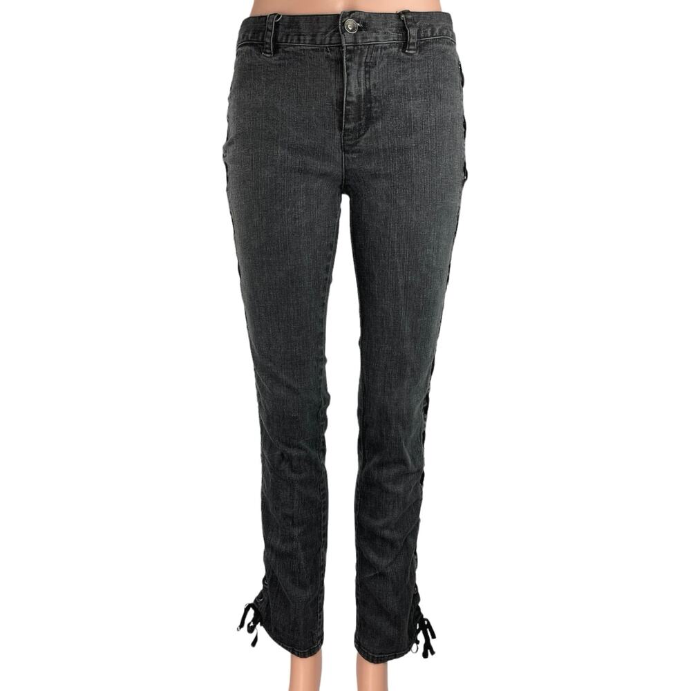 DKNY Jeans Women Black Mid Rise Flat Front Side Corset Lace Skinny Denim Jeans 3